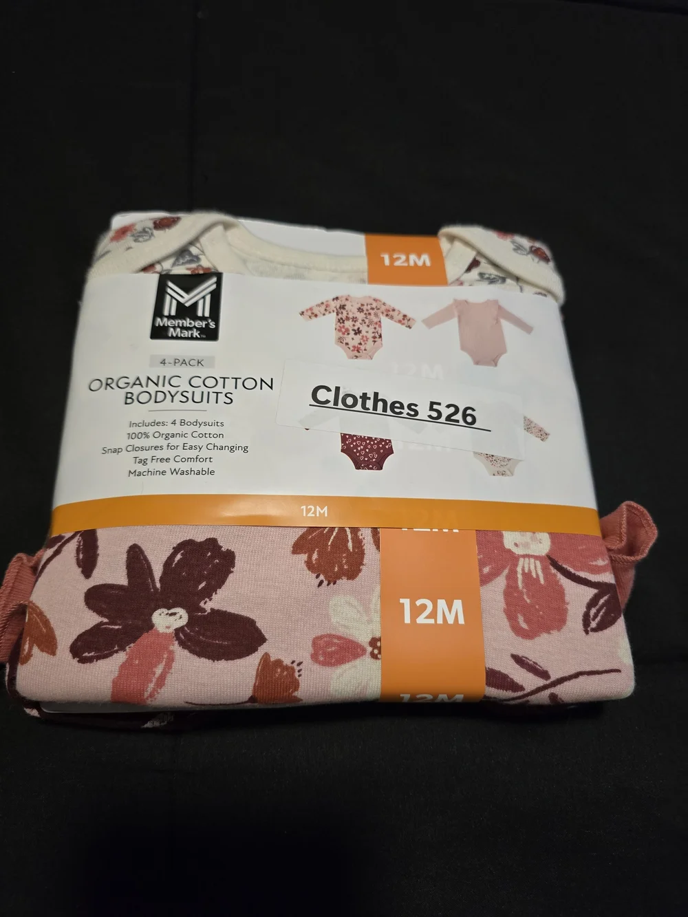 Members Mark Organic Cotton Bodysuits 4-Pack Floral Pink Baby Girls Size 12M NWT